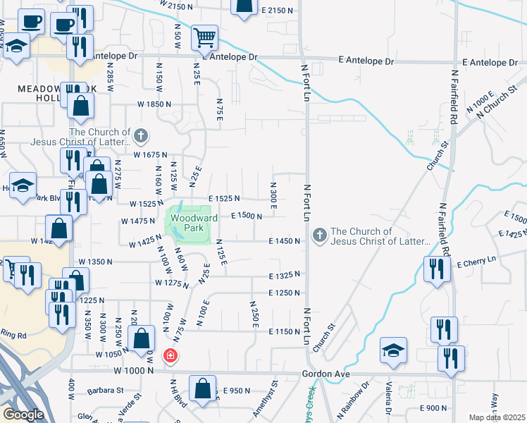map of restaurants, bars, coffee shops, grocery stores, and more near 255 East 1500 North in Layton