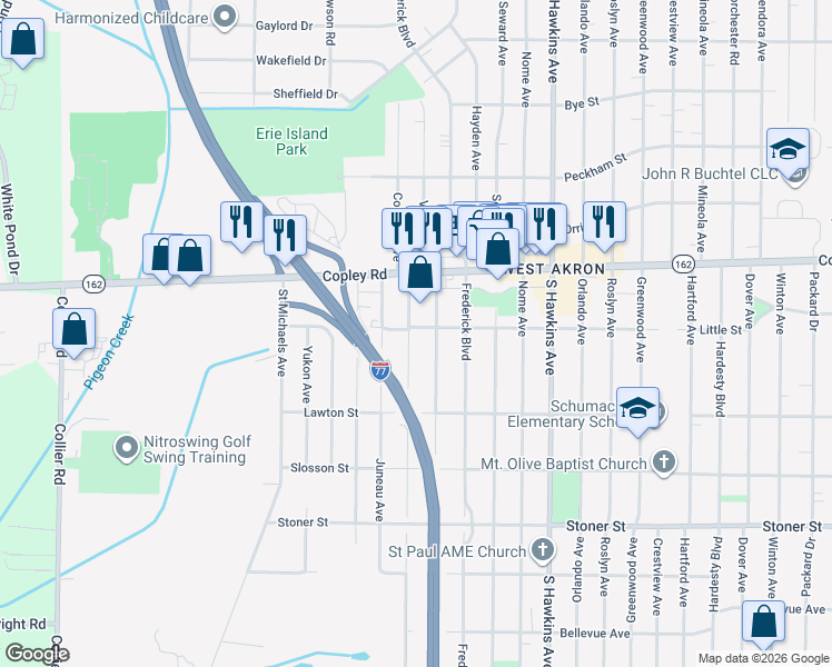 map of restaurants, bars, coffee shops, grocery stores, and more near 1001 Cordova Avenue in Akron