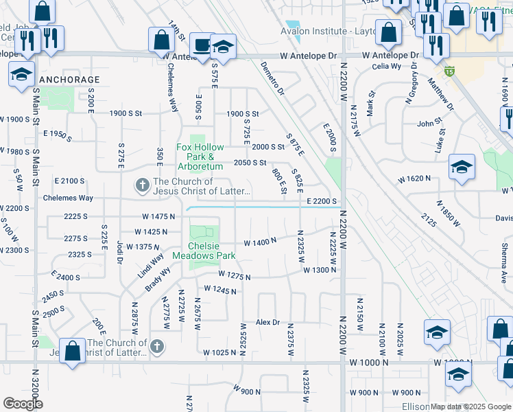 map of restaurants, bars, coffee shops, grocery stores, and more near 736 East 2200 South in Clearfield