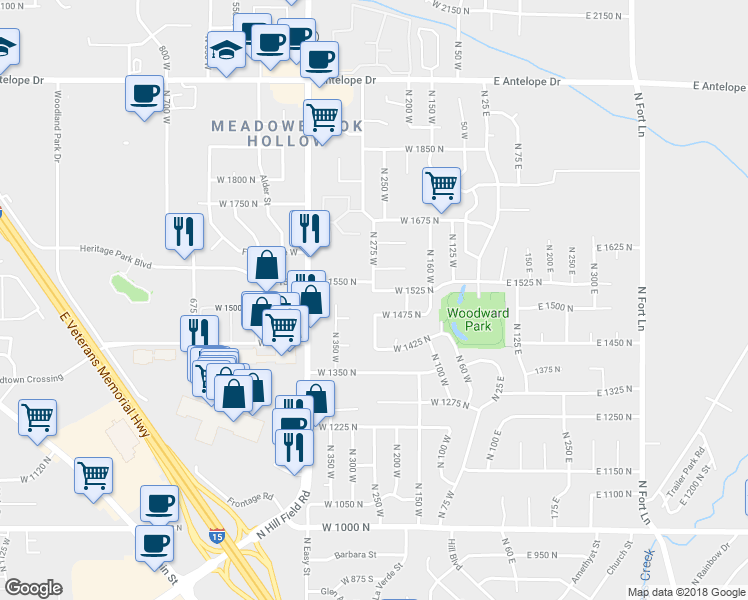 map of restaurants, bars, coffee shops, grocery stores, and more near 263 West 1525 North in Layton