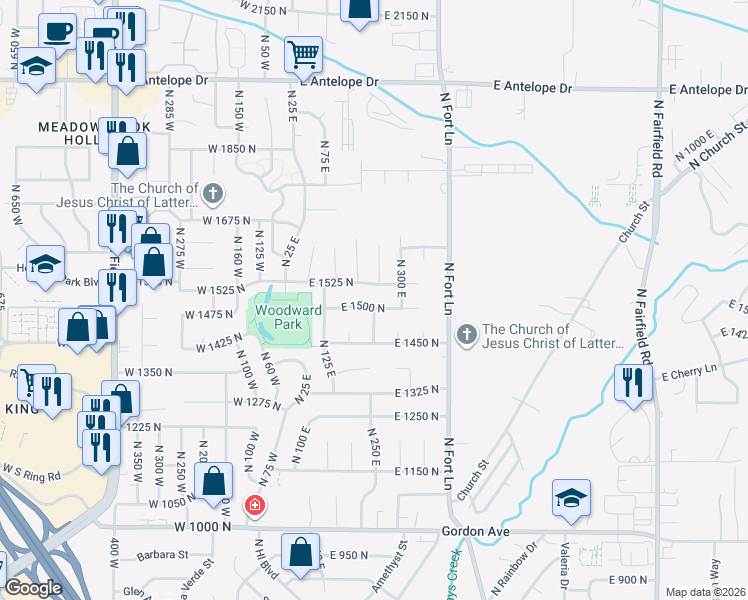 map of restaurants, bars, coffee shops, grocery stores, and more near 227 East 1500 North in Layton