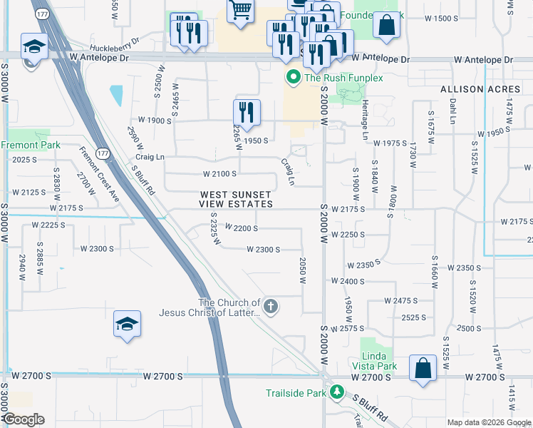 map of restaurants, bars, coffee shops, grocery stores, and more near 2173 West 2175 South in Syracuse