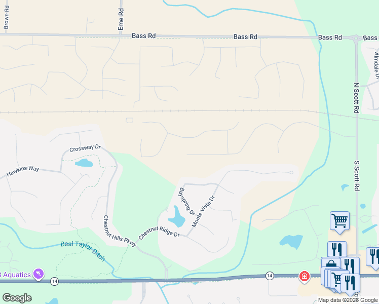 map of restaurants, bars, coffee shops, grocery stores, and more near 10519 Bass Road in Fort Wayne