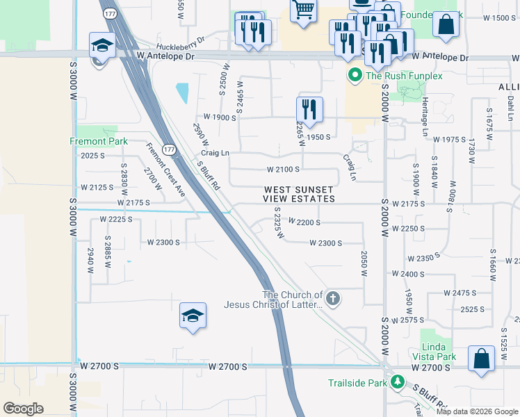 map of restaurants, bars, coffee shops, grocery stores, and more near 2369 West 2175 South in Syracuse
