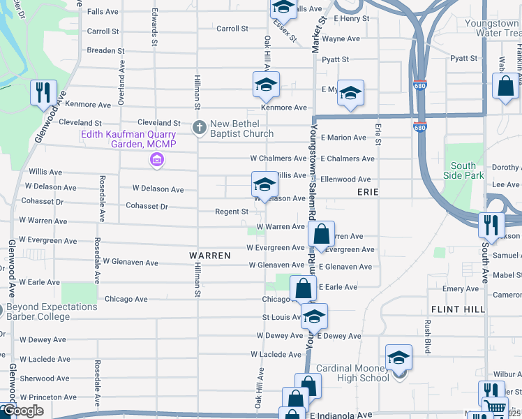 map of restaurants, bars, coffee shops, grocery stores, and more near 1812 Oak Hill Avenue in Youngstown
