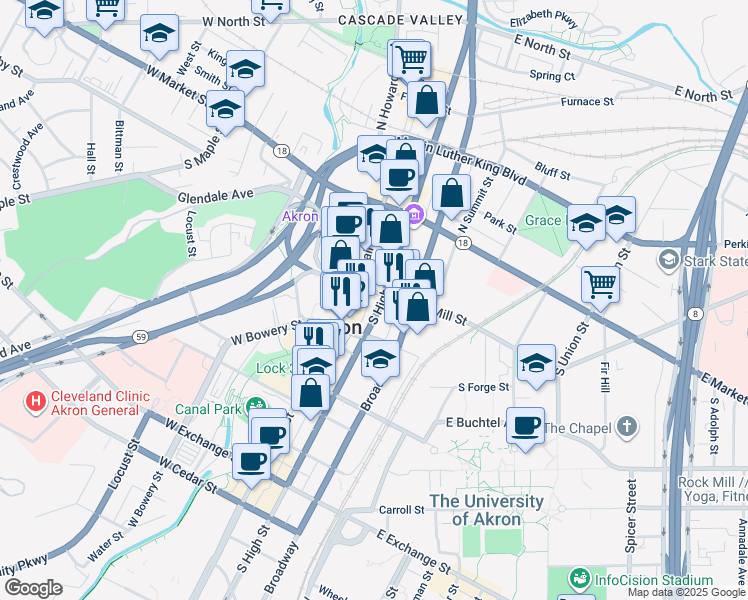 map of restaurants, bars, coffee shops, grocery stores, and more near 128 South High Street in Akron