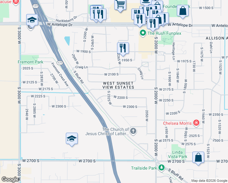 map of restaurants, bars, coffee shops, grocery stores, and more near 2281 West 2175 South in Syracuse