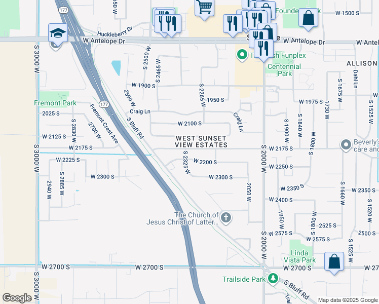 map of restaurants, bars, coffee shops, grocery stores, and more near 2297 West 2175 South in Syracuse