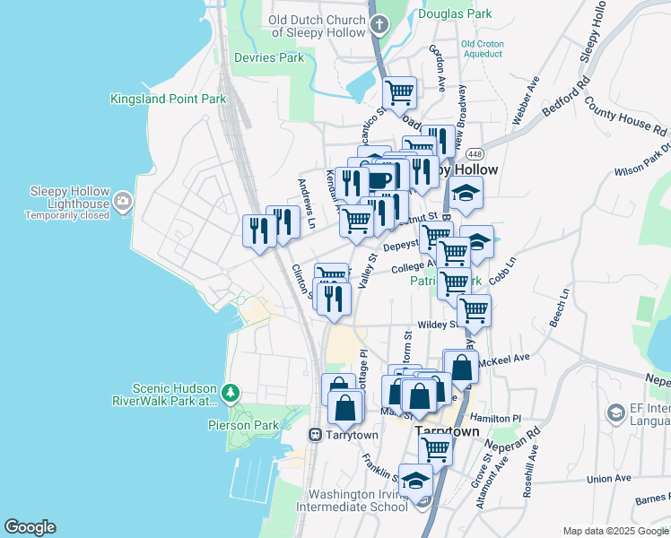 map of restaurants, bars, coffee shops, grocery stores, and more near 11 Cedar Street in Sleepy Hollow