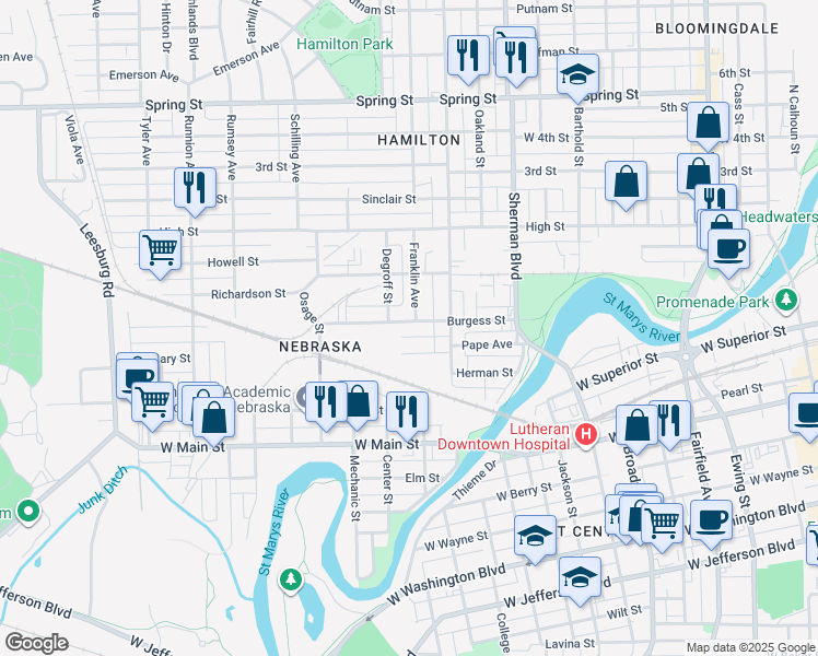 map of restaurants, bars, coffee shops, grocery stores, and more near 1221 Burgess Street in Fort Wayne