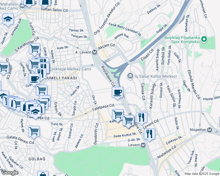 map of restaurants, bars, coffee shops, grocery stores, and more near Tekfen Tower in Şişli