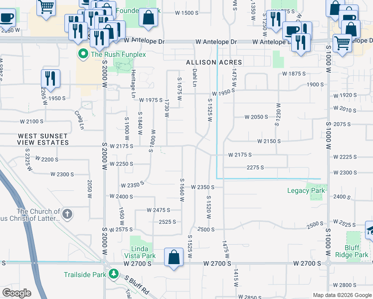 map of restaurants, bars, coffee shops, grocery stores, and more near 2191 S 1660 W in Syracuse