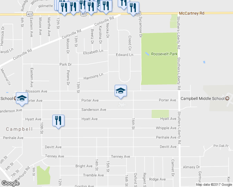 map of restaurants, bars, coffee shops, grocery stores, and more near 505 Blossom Avenue in Campbell