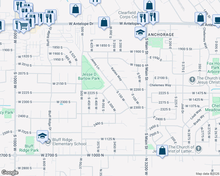 map of restaurants, bars, coffee shops, grocery stores, and more near 370 West 2150 South in Clearfield