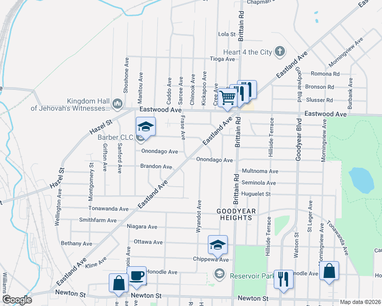 map of restaurants, bars, coffee shops, grocery stores, and more near 646 Eastland Avenue in Akron