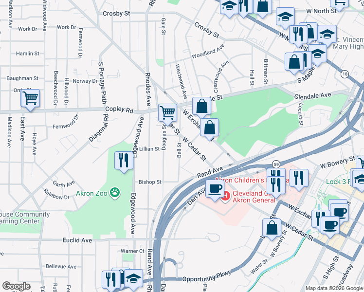 map of restaurants, bars, coffee shops, grocery stores, and more near 443 Bell Street in Akron