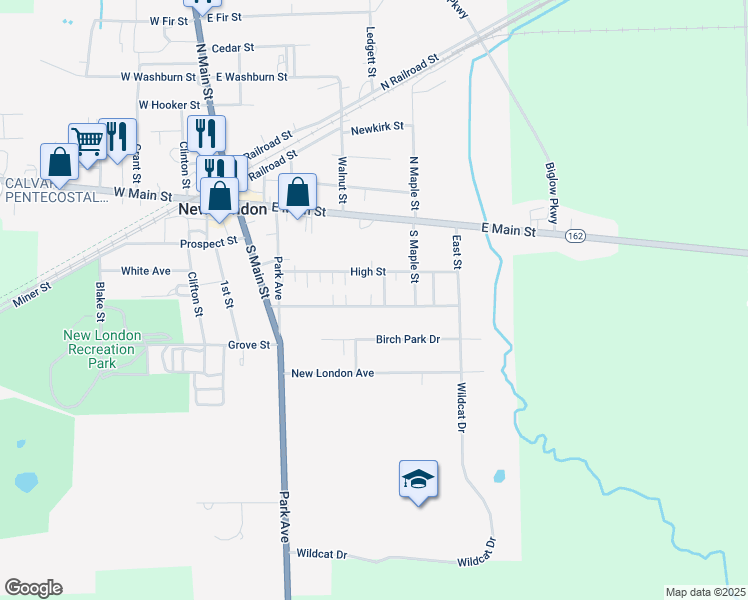 map of restaurants, bars, coffee shops, grocery stores, and more near 81 3rd Street in New London