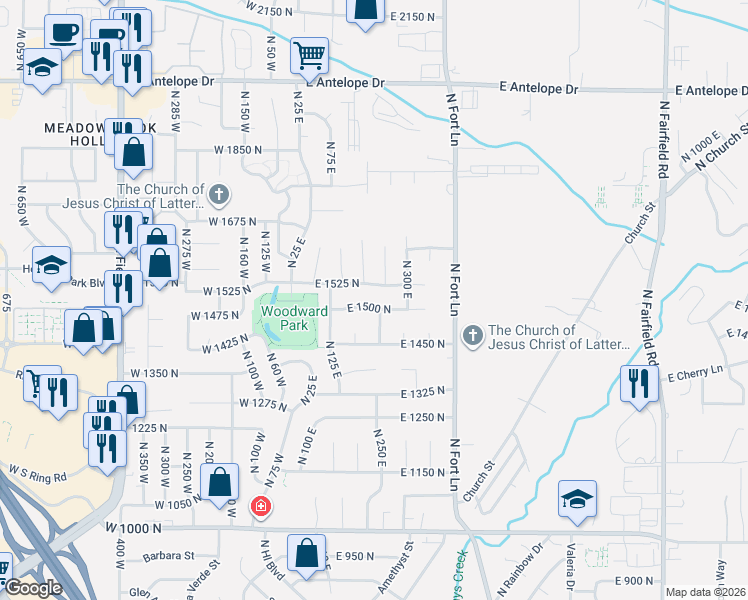 map of restaurants, bars, coffee shops, grocery stores, and more near 205b East 1500 North in Layton