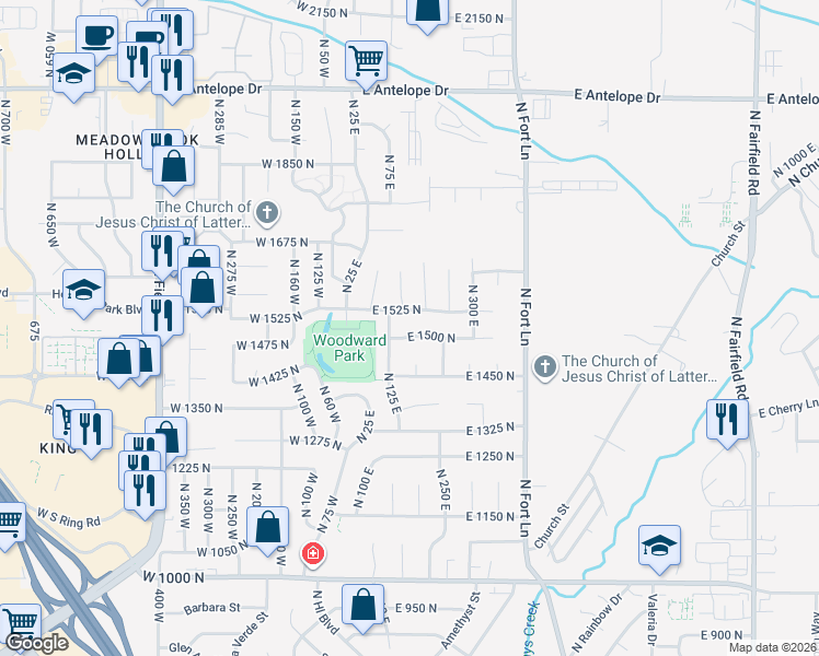 map of restaurants, bars, coffee shops, grocery stores, and more near 205b East 1500 North in Layton