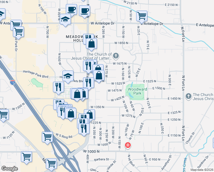 map of restaurants, bars, coffee shops, grocery stores, and more near 263 West 1525 North in Layton