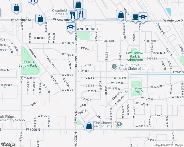map of restaurants, bars, coffee shops, grocery stores, and more near 180 East 2200 South in Clearfield