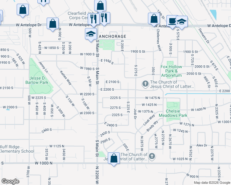 map of restaurants, bars, coffee shops, grocery stores, and more near 180 East 2200 South in Clearfield