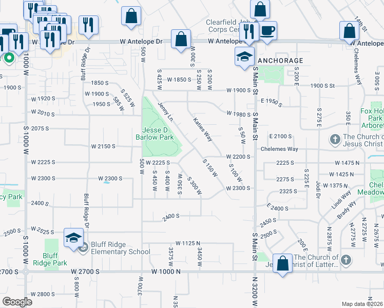 map of restaurants, bars, coffee shops, grocery stores, and more near 370 West 2150 South in Clearfield
