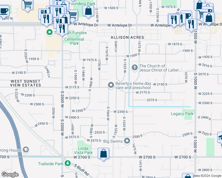 map of restaurants, bars, coffee shops, grocery stores, and more near 2191 South 1660 West in Syracuse