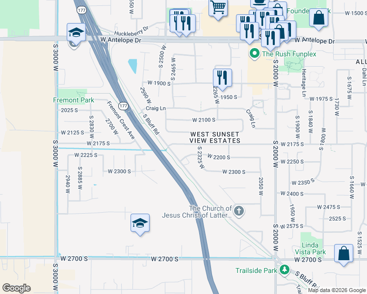 map of restaurants, bars, coffee shops, grocery stores, and more near 2369 West 2175 South in Syracuse