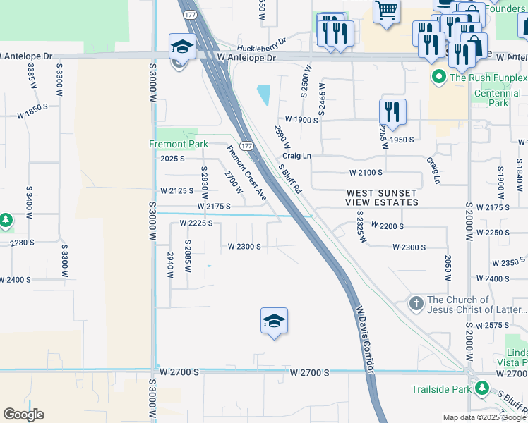 map of restaurants, bars, coffee shops, grocery stores, and more near 2649 2175 South in Syracuse
