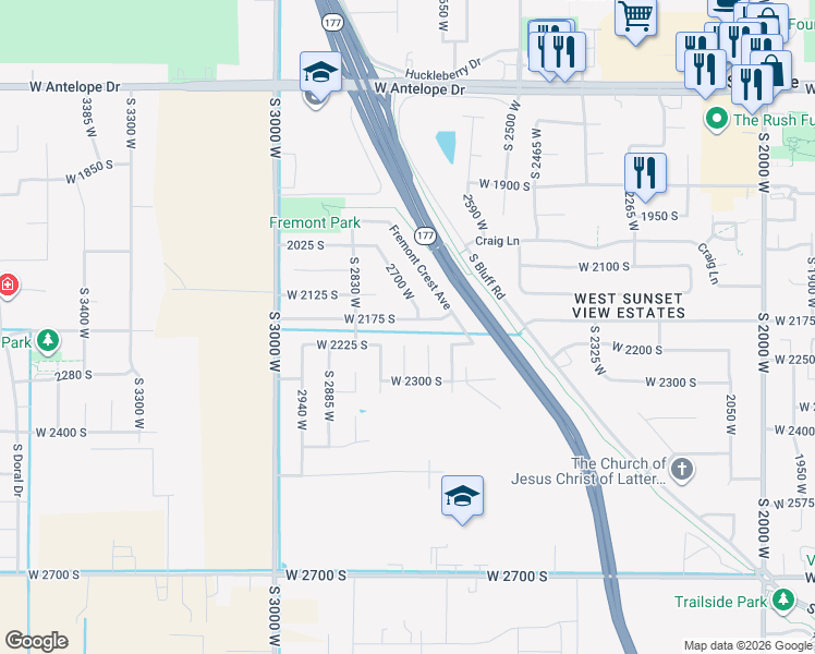 map of restaurants, bars, coffee shops, grocery stores, and more near 2717 2175 South in Syracuse