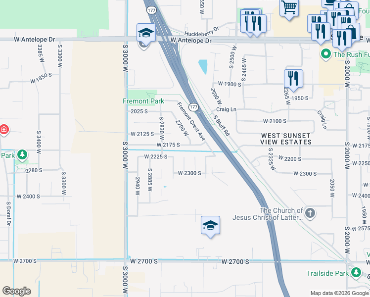 map of restaurants, bars, coffee shops, grocery stores, and more near 2717 2175 South in Syracuse