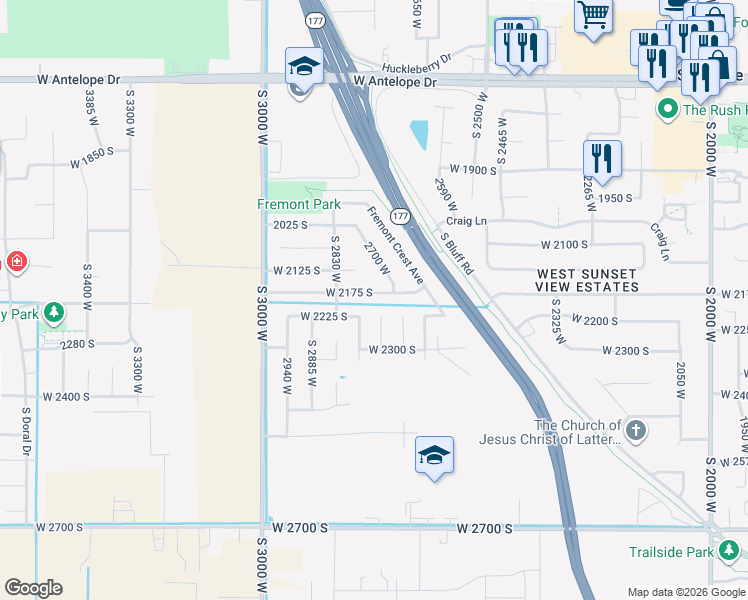 map of restaurants, bars, coffee shops, grocery stores, and more near 2717 2175 South in Syracuse