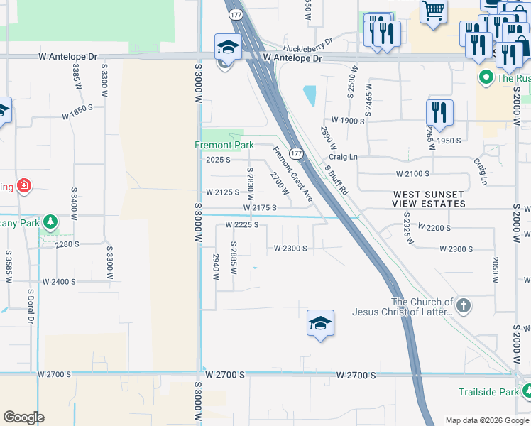 map of restaurants, bars, coffee shops, grocery stores, and more near 2801 2175 South in Syracuse