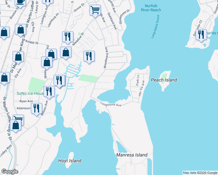 map of restaurants, bars, coffee shops, grocery stores, and more near 11 Yost Street in Norwalk