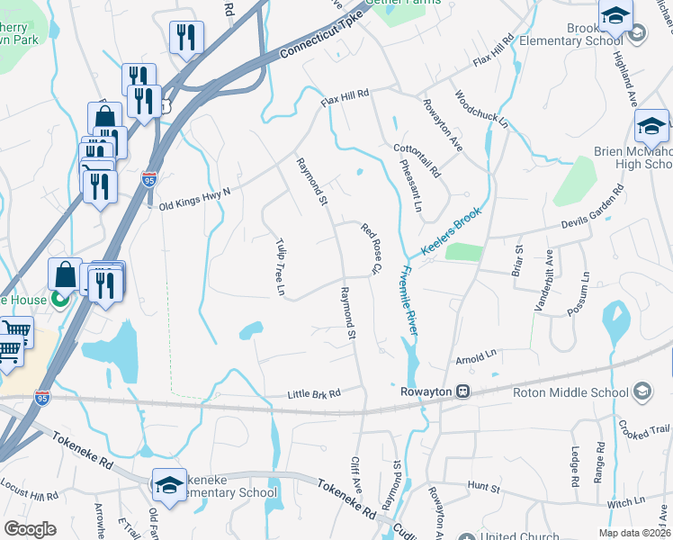 map of restaurants, bars, coffee shops, grocery stores, and more near 44 Tulip Tree Lane in Darien