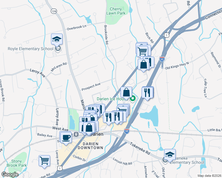 map of restaurants, bars, coffee shops, grocery stores, and more near 42 Fairview Avenue in Darien