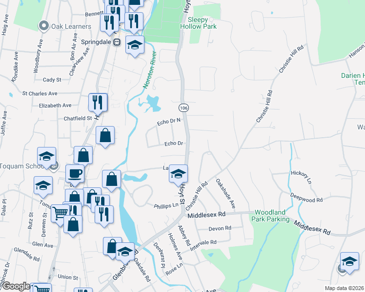 map of restaurants, bars, coffee shops, grocery stores, and more near 1 Echo Drive in Darien