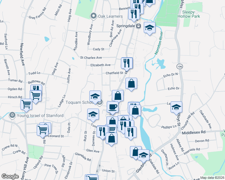 map of restaurants, bars, coffee shops, grocery stores, and more near 654 Hope Street in Stamford