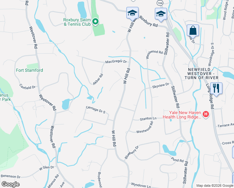 map of restaurants, bars, coffee shops, grocery stores, and more near 518 West Hill Road in Stamford