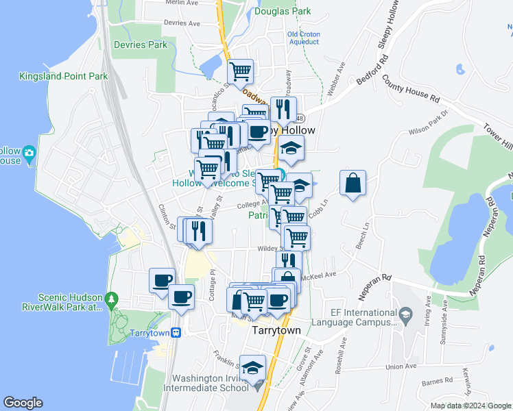 map of restaurants, bars, coffee shops, grocery stores, and more near 157 North Washington Street in Sleepy Hollow