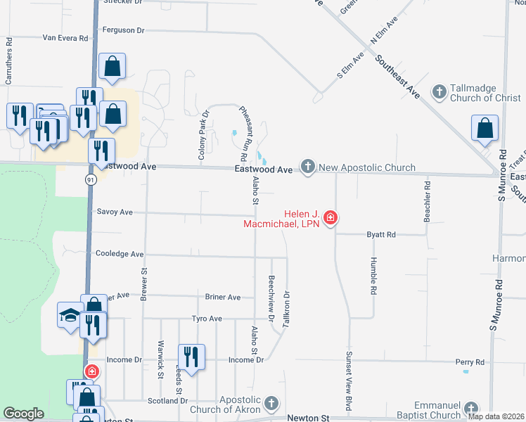 map of restaurants, bars, coffee shops, grocery stores, and more near 657 Alaho Street in Akron