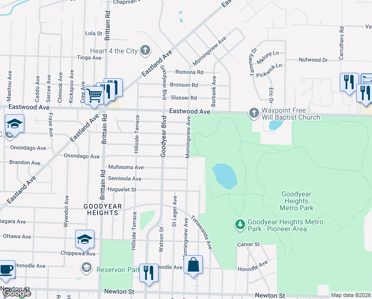 map of restaurants, bars, coffee shops, grocery stores, and more near 1556 Indianola Avenue in Akron