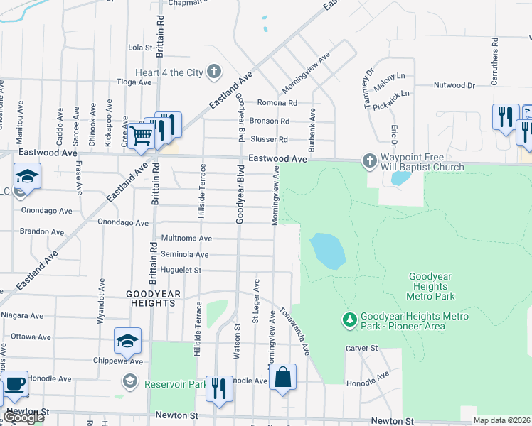 map of restaurants, bars, coffee shops, grocery stores, and more near 1556 Indianola Avenue in Akron
