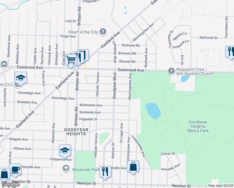 map of restaurants, bars, coffee shops, grocery stores, and more near 2070 Goodyear Boulevard in Akron