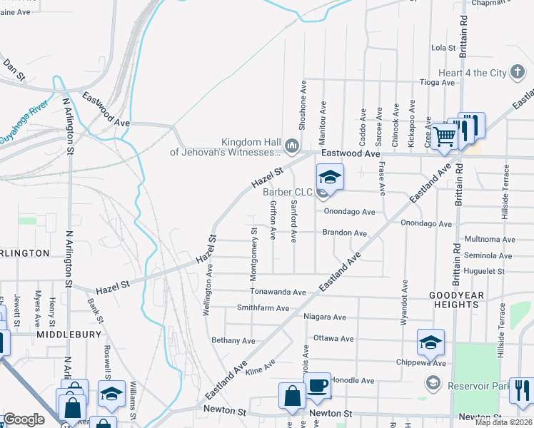 map of restaurants, bars, coffee shops, grocery stores, and more near 672 Grifton Avenue in Akron