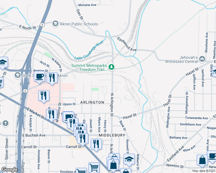 map of restaurants, bars, coffee shops, grocery stores, and more near 352 North Arlington Street in Akron