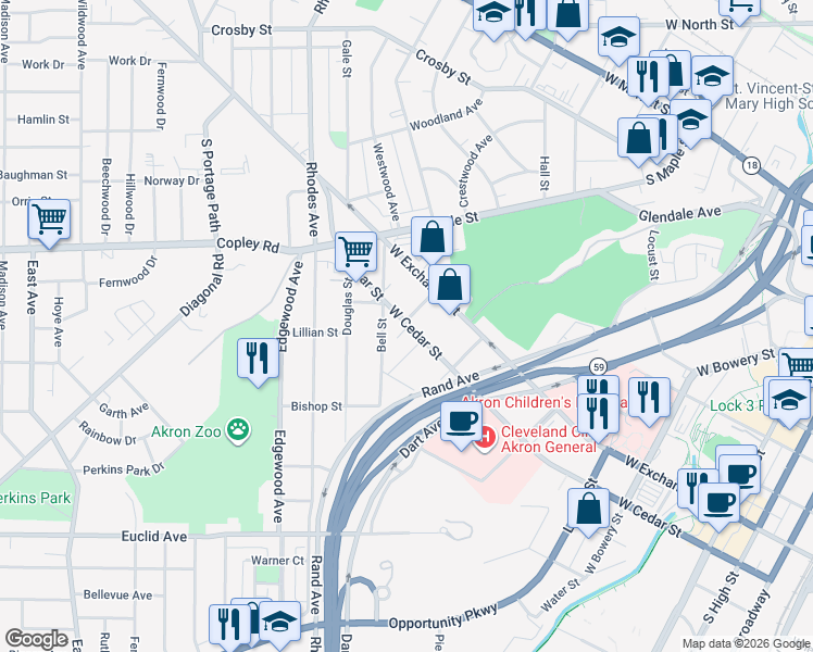 map of restaurants, bars, coffee shops, grocery stores, and more near 443 Bell Street in Akron