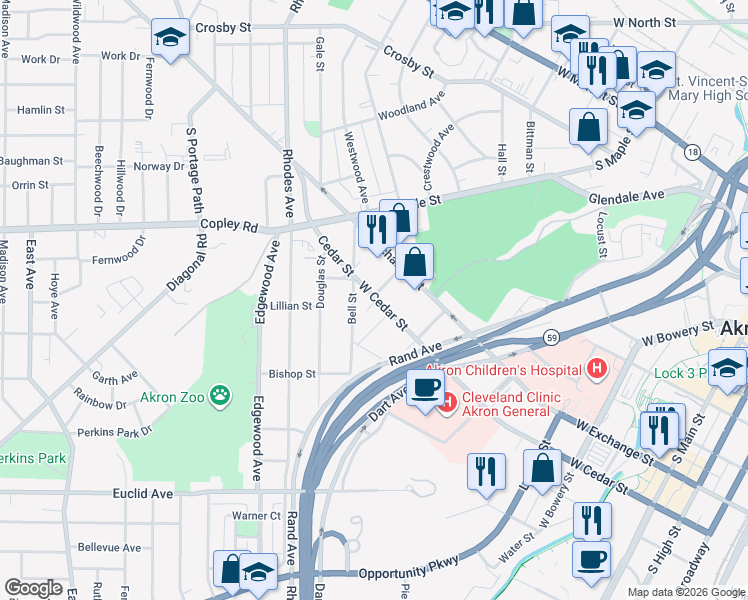 map of restaurants, bars, coffee shops, grocery stores, and more near 443 Bell Street in Akron