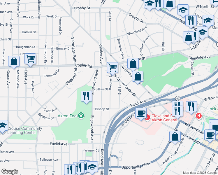 map of restaurants, bars, coffee shops, grocery stores, and more near 437 Douglas Street in Akron